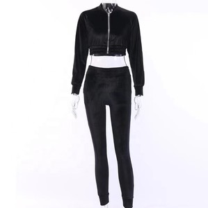 Al por mayor venta al por mayor nueva llegada de chándal de las mujeres conjunto de 2 piezas de terciopelo con cremallera Top de corte Slim de sudadera y Jogger pantalón traje - Product Image 5