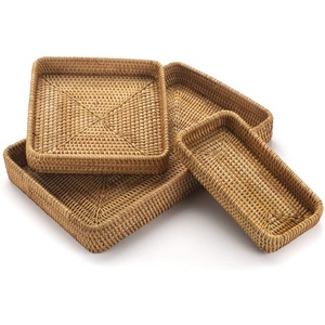 Set of 3 Rattan Serving Tray Rectangular <b>Wicker</b> Tray Natural Woven Decorative Serving <b>Baskets</b> for Organizing Tabletop Kitchen - Product Image 1