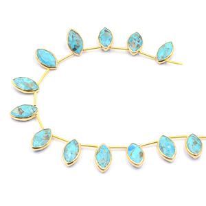 Kingman Block Turquoise Marquise Forme Lunette Argent Plaqué Or Côté Supérieur Percé 13 Perles Brin - Product Image 4