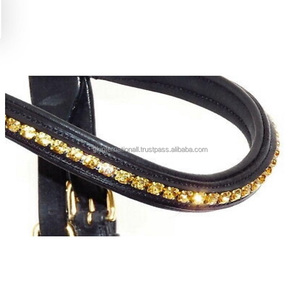 Productos Ecuestres de cuero negro con canal vacío, banda para cejas de caballo con incrustación de topacio dorado de lujo, 1 fila, banda de cuero acolchada ostentosa - Product Image 1