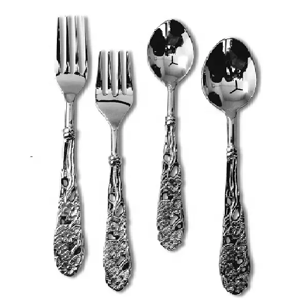 الفضة و الذهب تنقش التقليدية السكاكين الفولاذ المقاوم للصدأ التيتانيوم الفضة طقم ملاعق آمنة وصحية للاستخدام اليومي