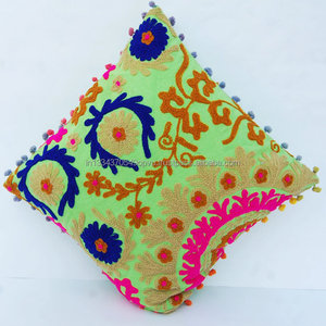 Home Decoration Cotton <b>Sofa</b> Folk Suzani Embroidered Cushion Cover Hot Style Body <b>Support</b> Pillow Case With Pom Pom Lace - Product Image 2
