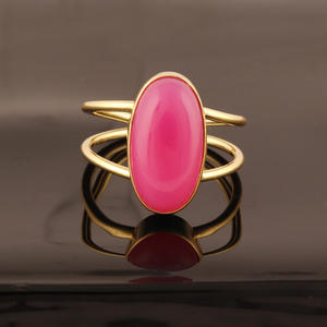 Anillo abierto de Calcedonia rosa, forma ovalada, chapado en oro/plata, personalizado, doble capa, ajustable, unisex - Product Image 5