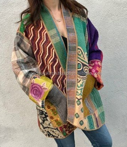 Vintage Indigo Jaipur Impreso Tejido a Mano Reversible Kantha Chaqueta Algodón Relleno con Bordado Decoración Tejido Procesado - Product Image 4