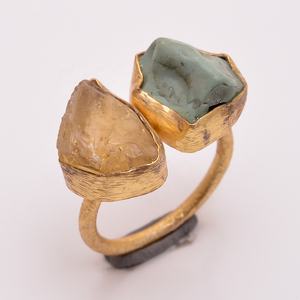 Anillo de Plata de Ley 925 hecho a mano con citrino natural, piedra preciosa turquesa, bisel patado en oro, incrustaciones, joyería única - Product Image 1