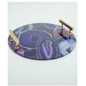 Stylish Fancy <b>Round</b> Luxury <b>Marble</b> Serving <b>Trays</b> Unfinished <b>Tray</b> <b>Round</b> Agate New Gold Handles <b>Marble</b> <b>Tray</b> Wholesale Suppliers - Product Image 1