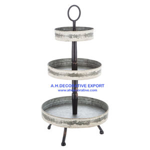 Plateau de service alimentaire Vintage en métal de forme ronde avec poignée et Base à pieds plateau gris galvanisé à 3 niveaux - Product Image 3