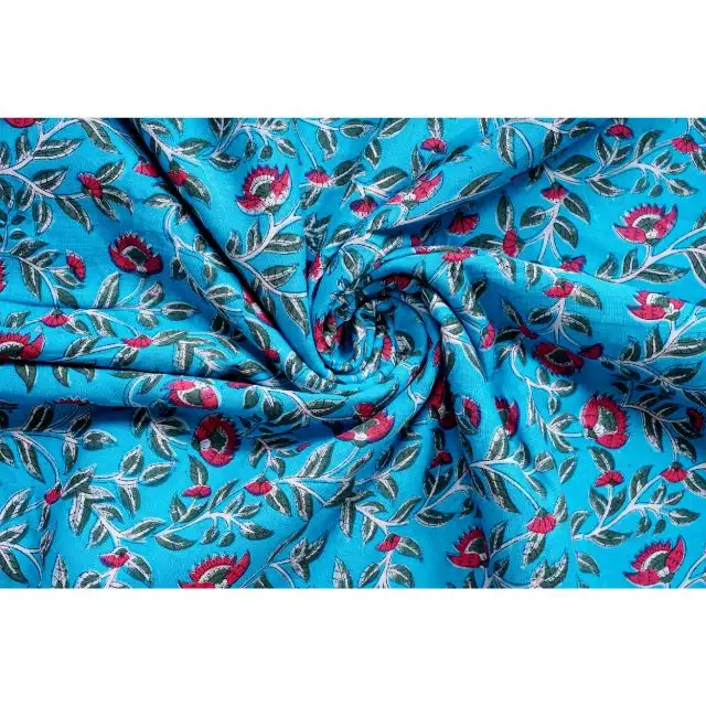 Mughal Flower Print Indian Cotton Fabric, Block Print Turquoise And Pink Print Curtain Fabric, Dress Fabric By The Yard