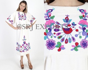 <b>White</b> Boho Embroidered <b>Organza</b> Midi <b>Dress</b> Floral Pattern Collarless Neckline Cap Sleeve Loose Fit Cotton Summer Casual <b>Dress</b> - Product Image 4