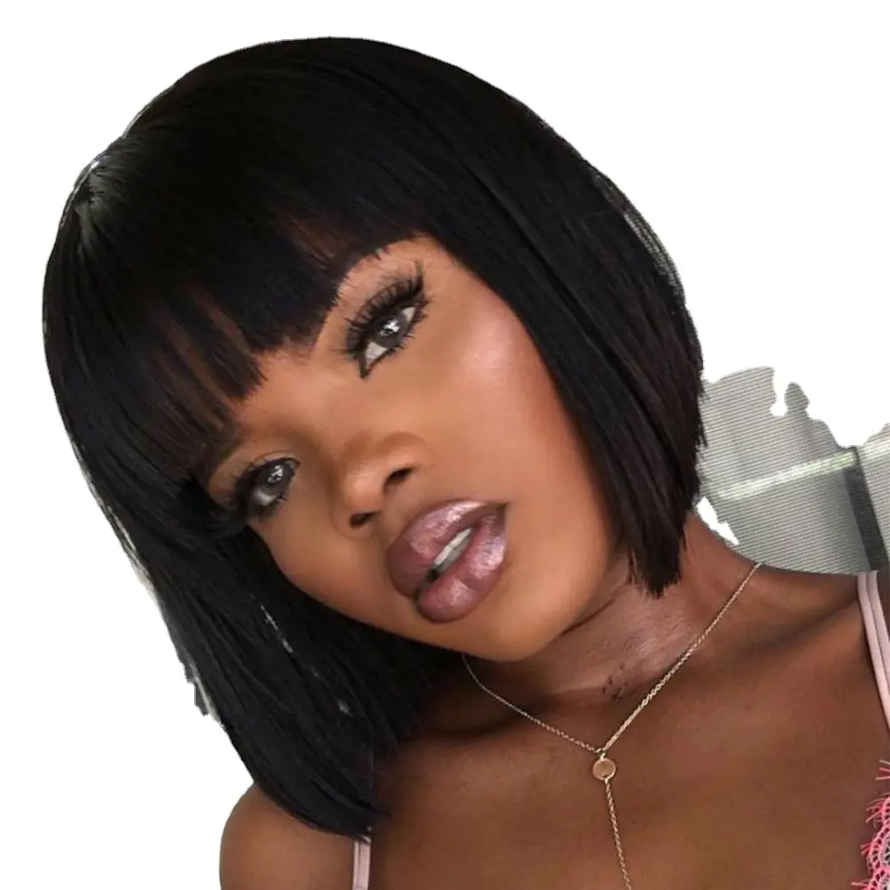 Cheap human hair wigs brazilian hair bob wig with bangs machine made human hair wigs for black women