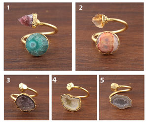 Bague en pierre précieuse naturelle fine pyrite et marron geode, druse, pierre précieuse, laiton plaqué or, ajustable, fait à la main, élégante, bohème - Product Image 3