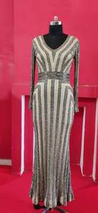 ชุดราตรีหรูหราของผู้หญิงชุดราตรียาวมีสายคาดเอวคอกลมแขนยาวปักลูกปัดสีธรรมชาติ - Product Image 2