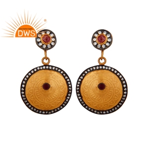 Pendientes colgantes de turmalina CZ, diseño de disco grabado, proveedor de joyería, oro de 14k, Plata de Ley chapada, joyería al por mayor - Product Image 1