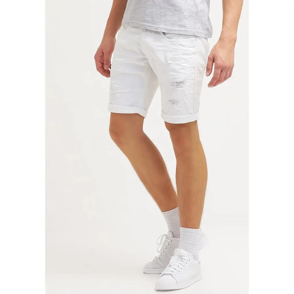 Two Deep Side Hem Pockets summer ripped white denim shorts for men jeans