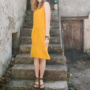 Robe en lin col rond, sans manches, longueur au genou, pour fille, tenue tendance, de couleur orange, nouvelle collection 2020 - Product Image 1