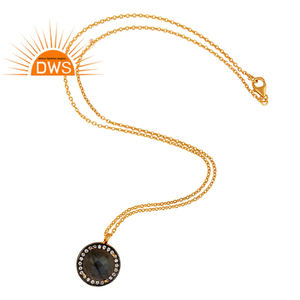 Collier artisanal rond en labradorite avec zircon blanc, plaqué or 18 carats, argent 925, fournisseur de bijoux - Product Image 2