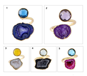 Wholesale High Quality Round Blue <b>Quartz</b> & Natural Geode Druzy Double Stone Adjustable <b>Ring</b> Gold Plated Statement Druzy <b>Rings</b> - Product Image 3