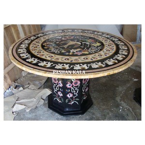 Handicraft Natural Marble Inlay <b>Work</b> Dining <b>Table</b> Top With Base - Product Image 1