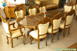 Hand <b>Carved</b> Teak <b>Wood</b> 6 Seater Round Dining Set Luxurious Gold Modern Royal Indian Design <b>Sale</b> - Product Image 2