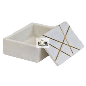 Vente en gros de sous-verres et boîtes à mouchoirs en marbre et laiton avec incrustation de luxe Boîte à mouchoirs en marbre et doublure dorée au prix le plus bas - Product Image 1