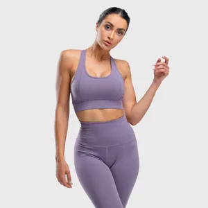 Großhandel sexy doppelte Schulterband Damen rückenfreier Sportstiener Individuelles Logo abnehmbare Brustunterlage Leopard Sport Yoga-BH