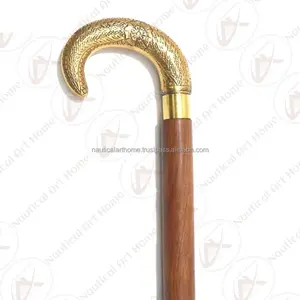 Wooden Walking Stick with Flower Design Brass Handle - Folding Walking Cane