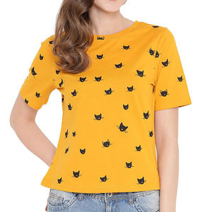 Camiseta de mujer de manga corta de algodón puro 100% de color amarillo OEM con estampado personalizado de 180Gsm, Camiseta estampada de verano para mujer - Product Image 1