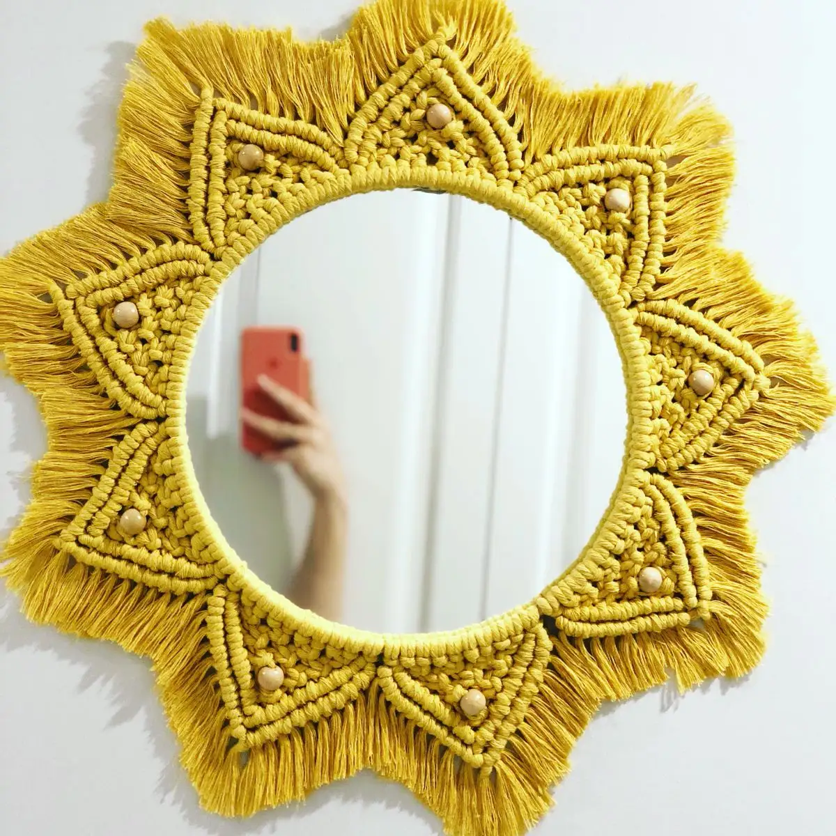 Mustard Color Graceful Macrame Hand Made Cotton Woven Mandala Tapestry Mirror Boho Wall Hanging Mirror For Home