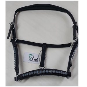 Wholesale <b>Best</b> Quality Custom Leather Halters Black with Aqua Gray Pantone Brass <b>Fittings</b> Adjustable Horse Halter - Product Image 3