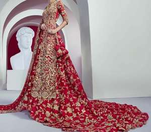 Stunning Indian Pakistani Long <b>Top</b> with Trail Lehenga Dress Heavy Zardozi Embroidery for Wedding 2025 Collection - Product Image 1