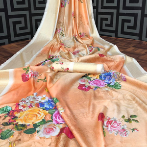 Sarees Soie Partie Porter Indien Dernier Designer Femmes Porter Sari Avec Blouse Japon Satin Crape Soie Tissus Doux Impression Numérique Sari Vêtements - Product Image 1