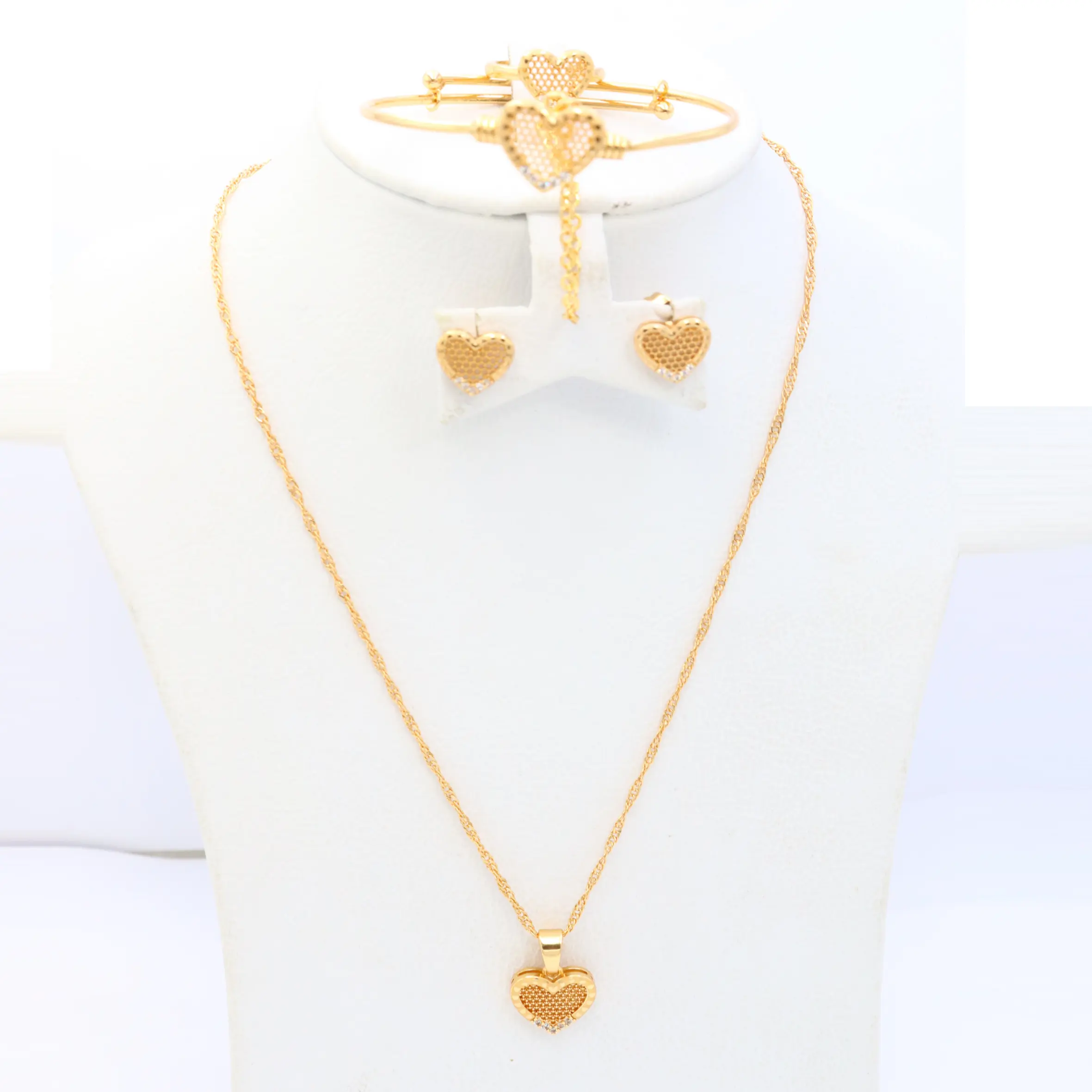 Children Love Heart Shaped Locket Simple Chain Gold Plated Stone Studded Heart Shaped Earrings and Heart Golden Bangle and Ring