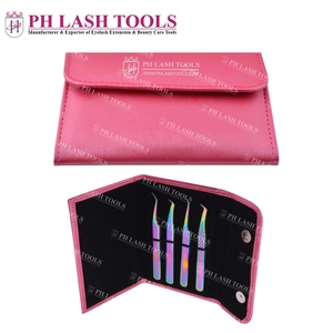 Funda de cuero PU con sujeción elástica para cuatro pinzas, con botón magnético, Etiqueta Privada, Kit de pinzas de extensión de pestañas de alta calidad - Product Image 5