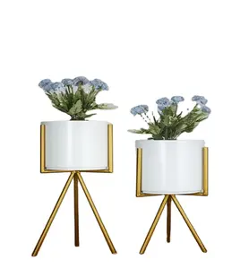 漂亮现代厂家直销白色圆形家居装饰金属室内花盆 (2件套) 用于客厅和花园装饰
