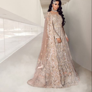 MODERN INDIAN/PAKISTANI LONG <b>TOP</b> LEHENGA DRESS Embellished DABKA, STONE GLASS BEADS work for Wedding 2022 - Product Image 1