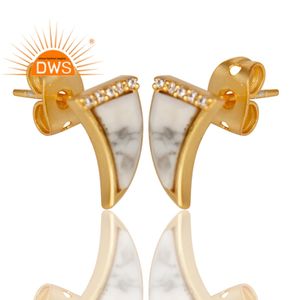 ต่างหูอัญมณีฮาวไลท์สีขาวเพทายต่างหูเม็ดเดี่ยวชุบทองเงิน925แบบคลาสสิก - Product Image 2