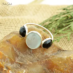Authentic Black Onyx and Aquamarine Three-Stone Gemstone Handmade Fashion Ring Jewelry in 925 Sterling Silver Wholesaler