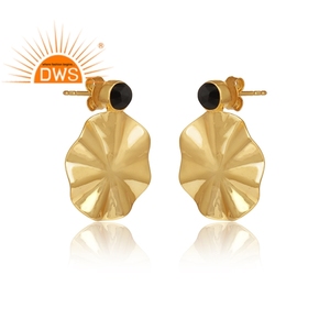 Wavy Disc Design Earrings 14k Gold Plated Silver Jewelry Supplier Natural Black Onyx Gemstone Dangle Earrings - Product Image 2