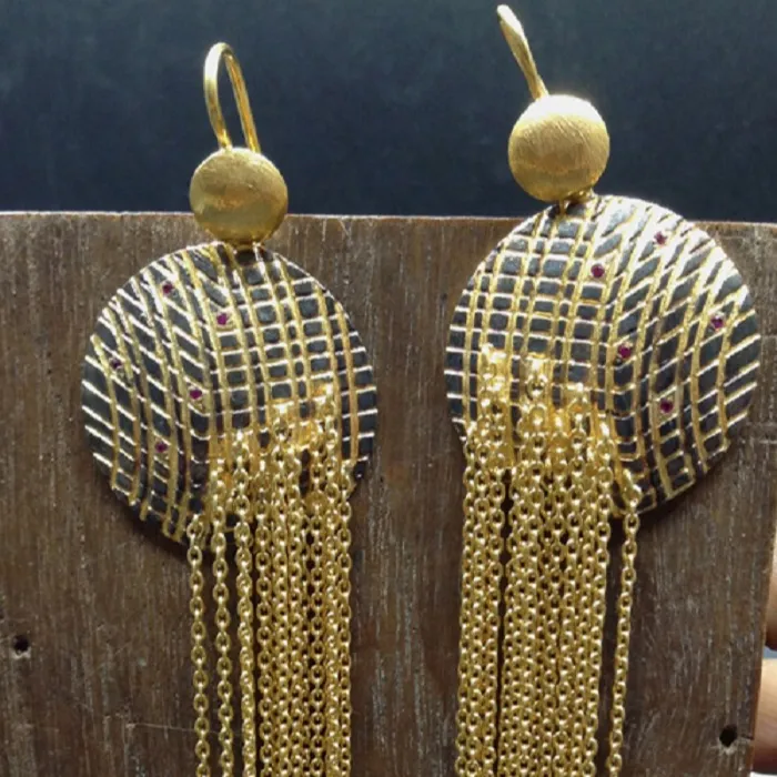 High Quality Attractive sterling silver fringes oxidized chain style hanging long gold plated unique style trendy earrings