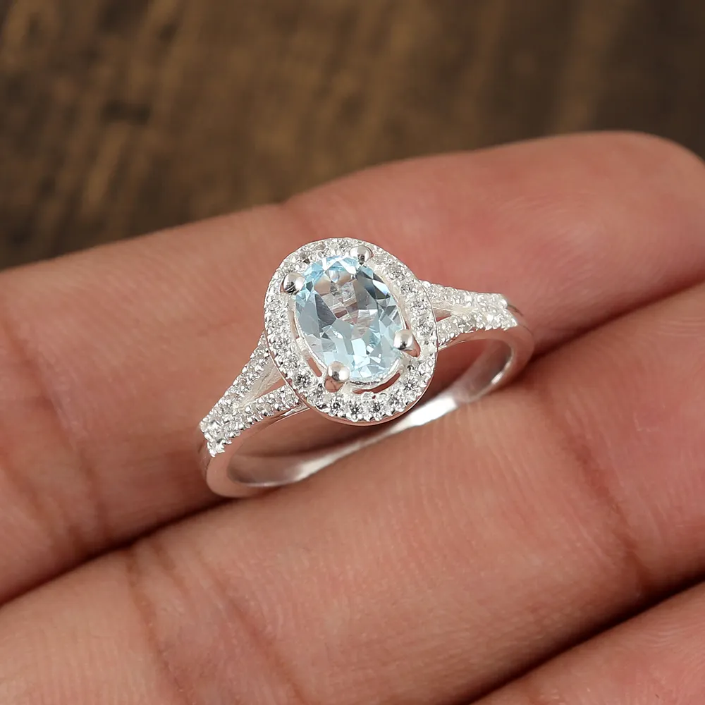 Elegant Natural Blue Topaz/White Zircon Gemstone Fine Silver Jewelry 925 Sterling Silver Bridal Gift Oval Blue Topaz Ring