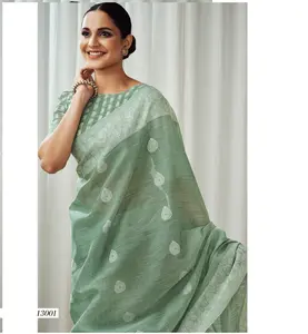 fantastic Soft Luckhnowi saree and Rich Pallu weaving Linen Saree with with matching blouse and low price in surat