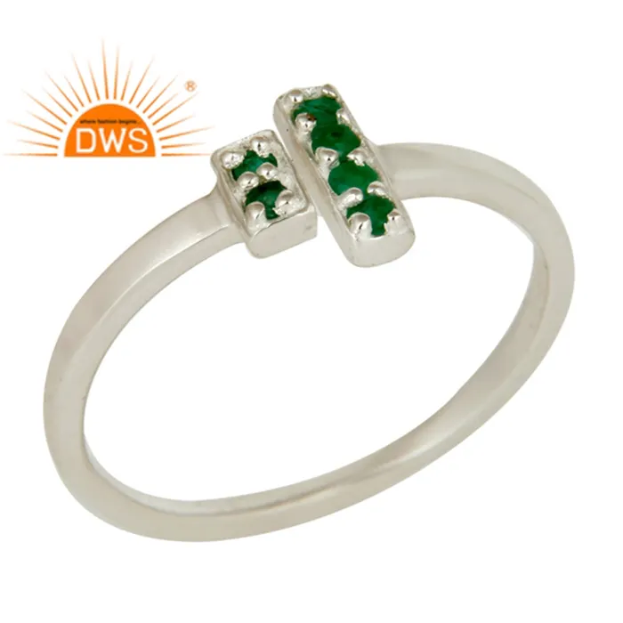 925 Sterling Silver Pave Set Emerald Gemstone Modern Design Open Bar Ring Manufacturer of Girls Jewelry