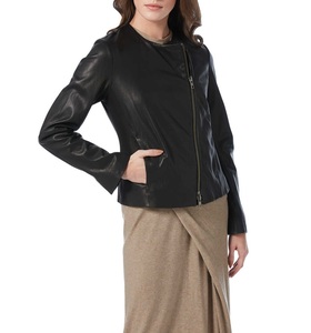 Veste à fermeture éclair unisexe, tenue décontractée, en peau d'agneau véritable, de couleur noir foncé, à la mode, disponible en blanc - Product Image 1