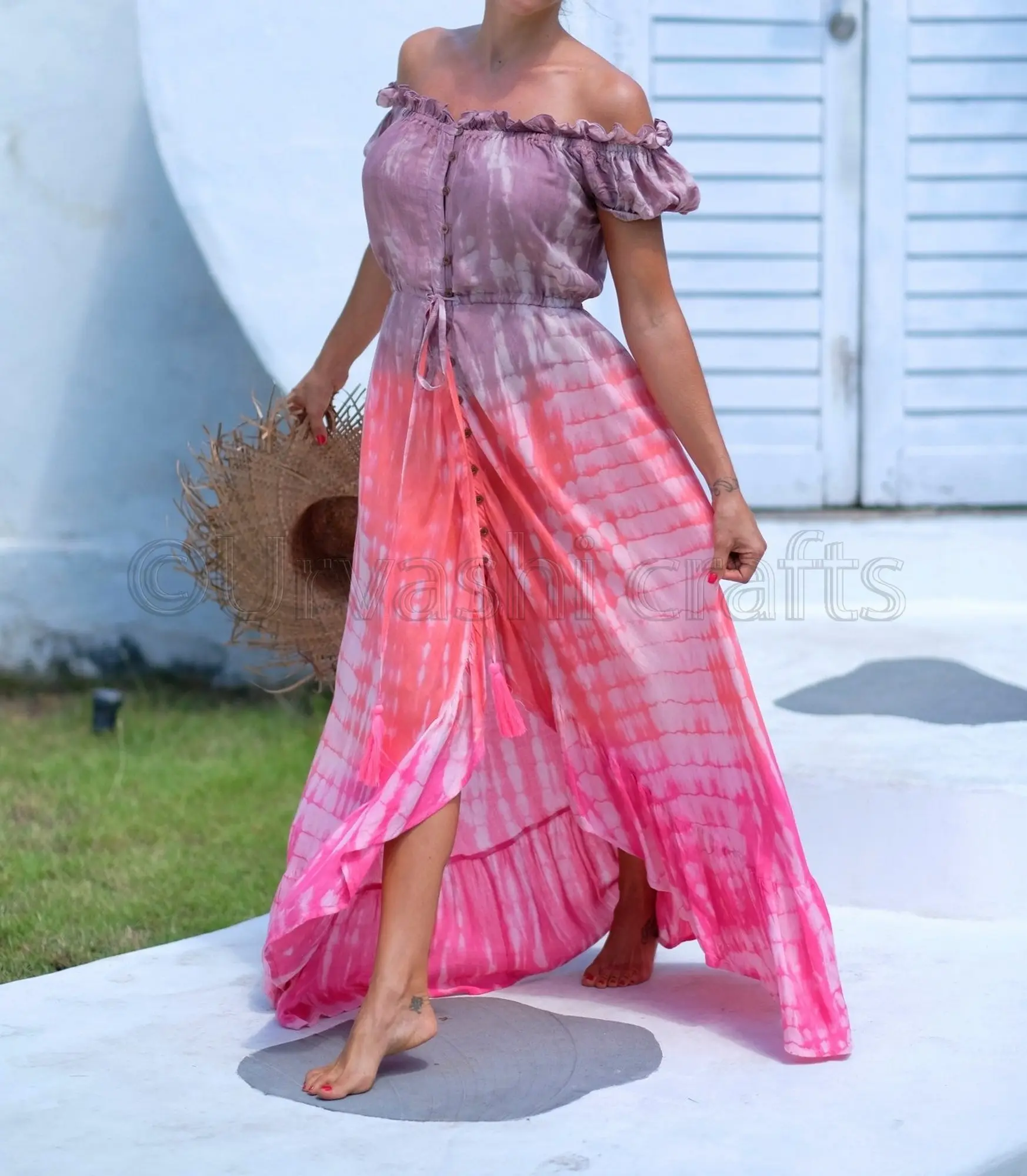 Eye Catching Feminine Sexy Trendy Look Floral Adorned Traditional Indian tie dye off shoulder Cool Summer Resort Wear Maxi Dress