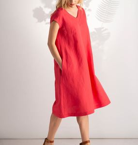 Nuevo Vestido Formal de Lino para Mujer, Última Moda en Tela Crepé, Cuello Redondo, Largo hasta la Rodilla, Manga Corta, Transpirable, Bordado, Corte Holgado - Product Image 1
