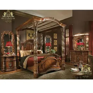 Traditional Dark Cherry 4-Poster Canopy Bedroom Furniture Master Bedroom Furniture Set French Style Walnut Finish Canopy Bedroom