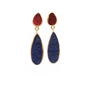 Elegante orecchino di pietra preziosa druzy di zucchero blu e rosso orecchini a bottone placcati in oro fornitore di gioielli all'ingrosso coppie di orecchini pendenti da donna