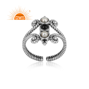 Bague en argent Sterling Style Boho Antique, bijoux à la main, texturés, en Onyx noir et perle, pierres précieuses, source de bijoux - Product Image 2