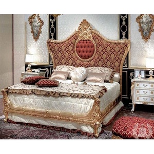 Muebles de dormitorio con acabado dorado exclusivo, cama King Size de madera sólida de lujo de alta gama, cama de diseño real de primera calidad - Product Image 1