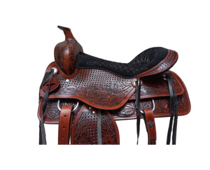 Sillín de caballo de barril occidental de cuero marrón Tamaño de 10 \ "a 18 \" Diseño floral y geométrico tallado con asiento acolchado - Product Image 2